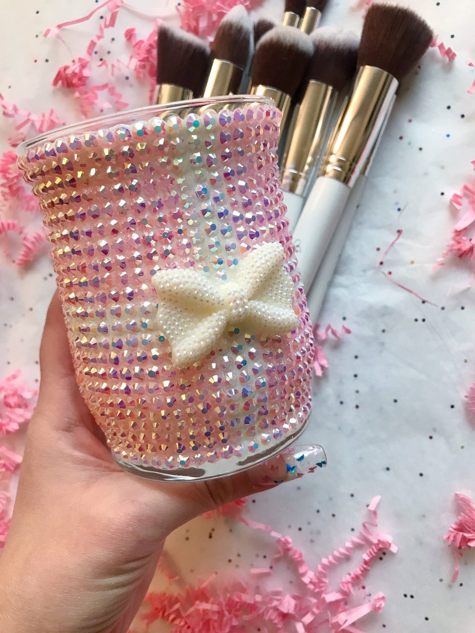 Pink Teal Gift Box Design Makeup Brush Holder Bling Pencil Holder
