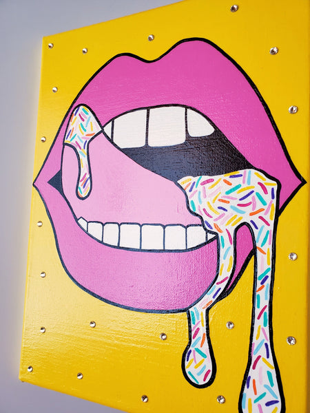 "Sprinkles all on my tongue" with crystal accents, pink lips 12x9 Acrylic Painting