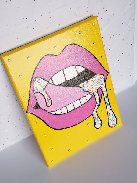 "Sprinkles all on my tongue" with crystal accents, pink lips 12x9 Acrylic Painting