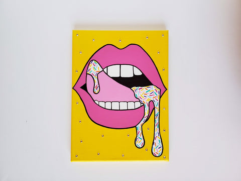"All on my tongue" with crystal accents, pop art, pink lips. dripping sprinkles on tongue, 12x9 Acrylic Painting